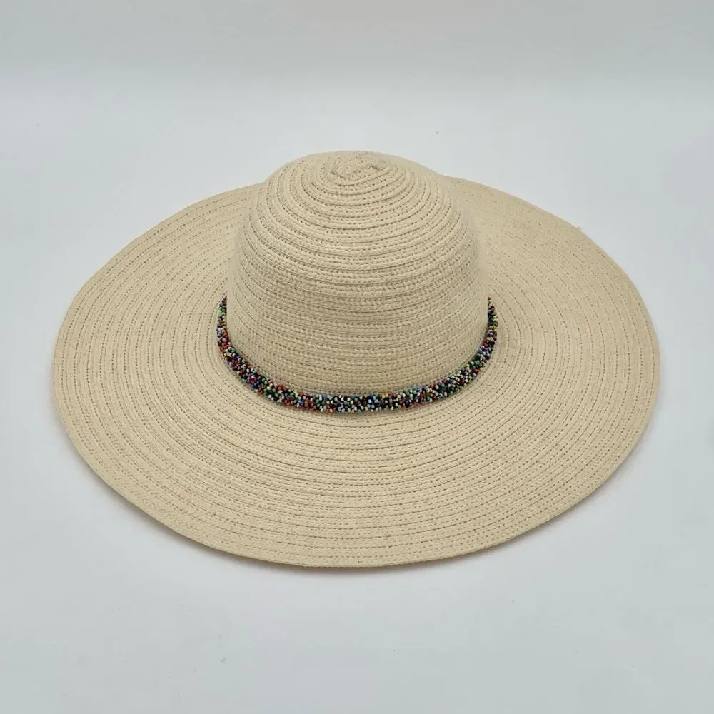 The Accessory Collective Wide Brim Straw Sun Hat Beaded Band Panama Style OS